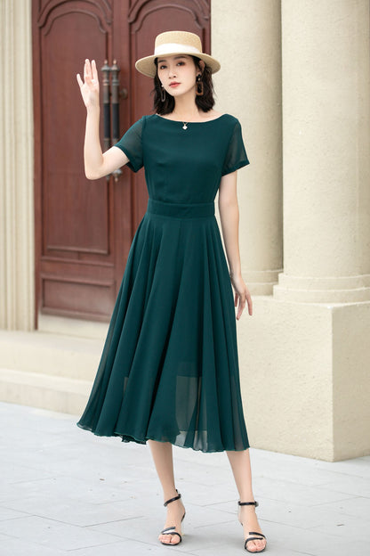 Emerald Green Chiffon Midi Fit and Flare Dress - Sheer Sleeve 5145