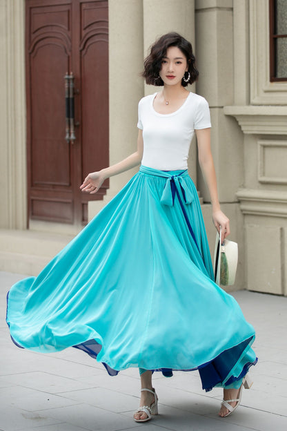 Blue Chiffon Maxi Circle Skirt - Elastic Waist Big Swing | Xiaolizi 5170