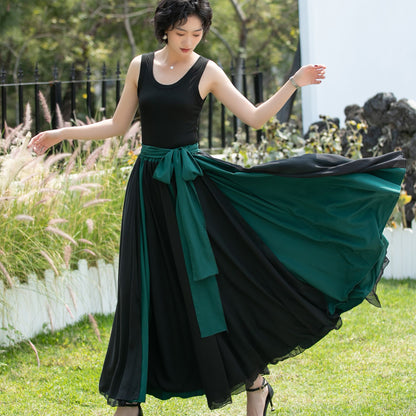 Black and Emerald Green Chiffon Maxi Skirt | Xiaolizi 6741