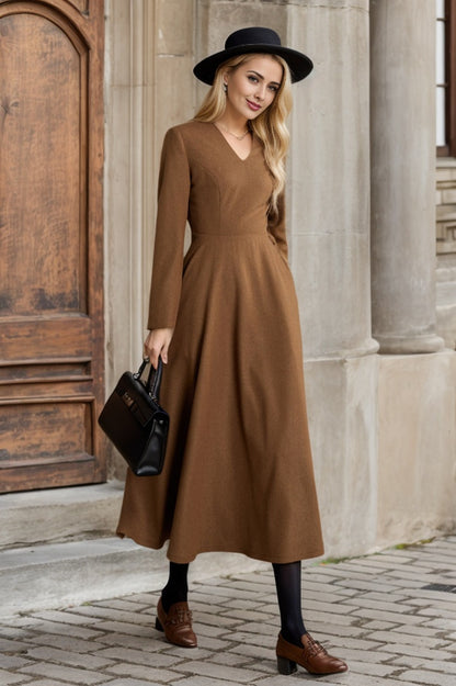 Brown Wool Fit and Flare Midi Dress - Belted Vintage Style 5360