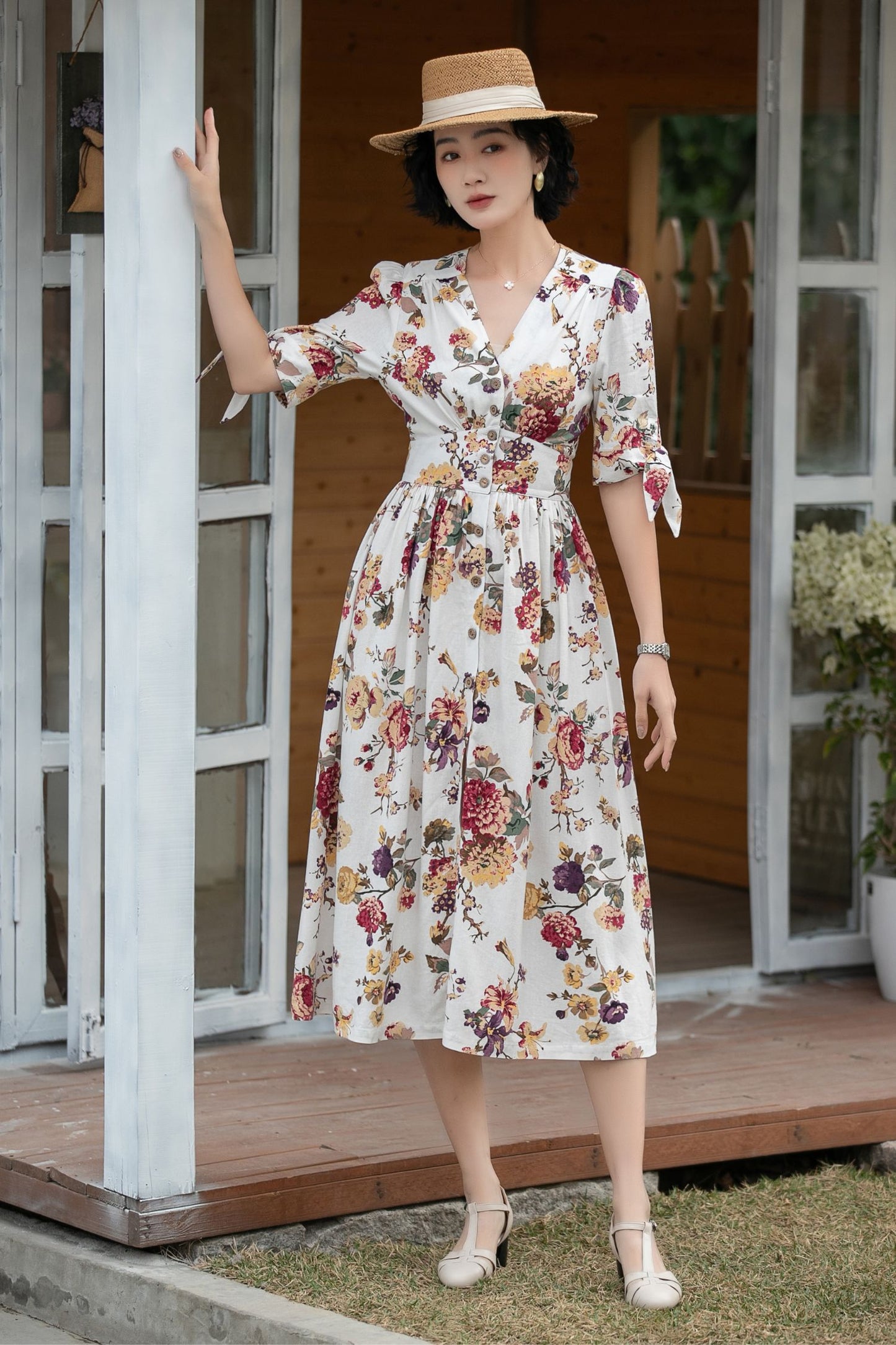 Xiaolizi Floral Linen Midi Dress – Vintage V Neck A-Line 6699