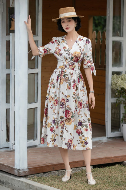 Xiaolizi Floral Linen Midi Dress – Vintage V Neck A-Line 6699