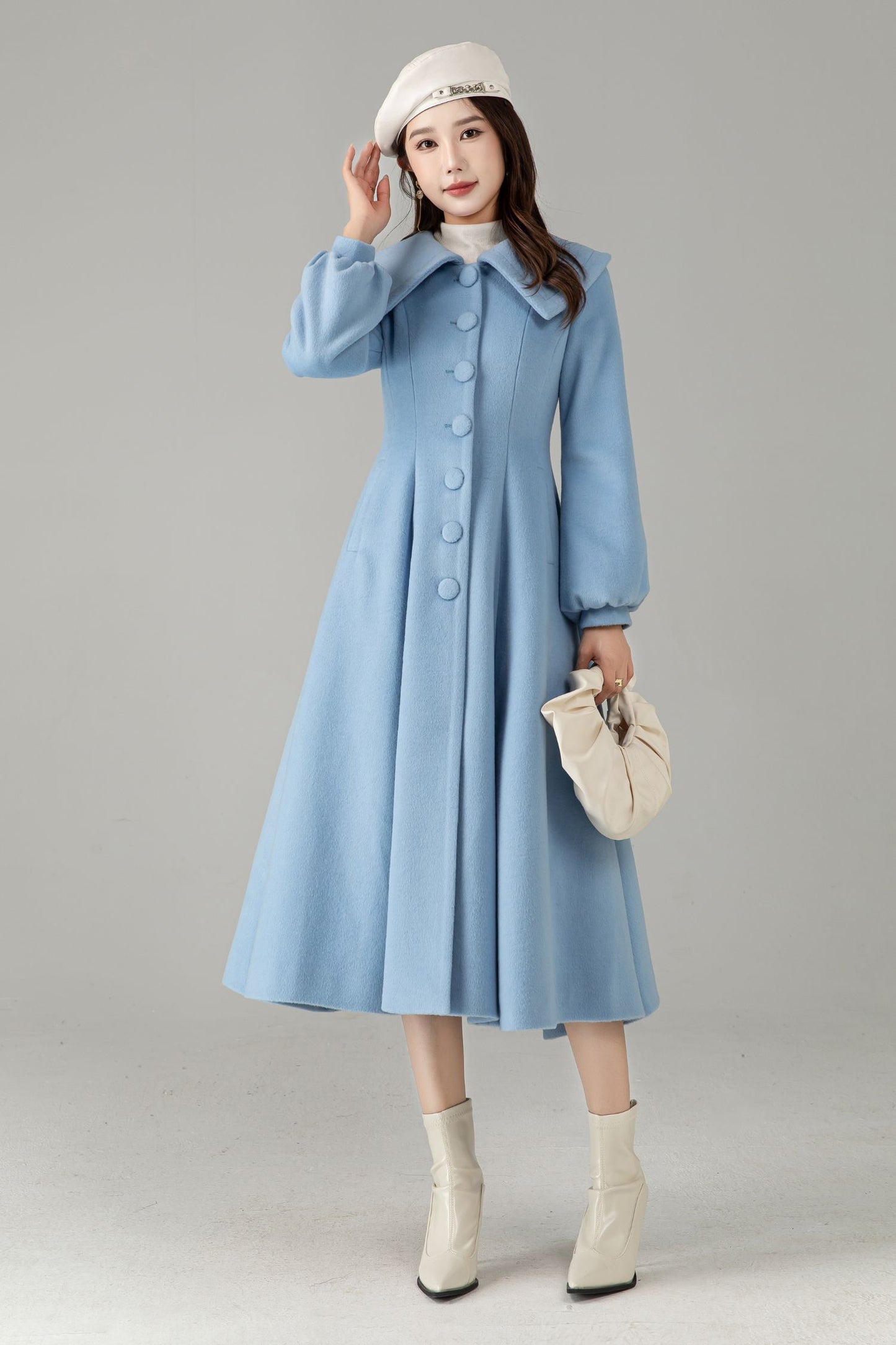 Sky Blue Wool Princess Coat – Vintage Fit and Flare Swing Winter Coat | Xiaolizi 6576