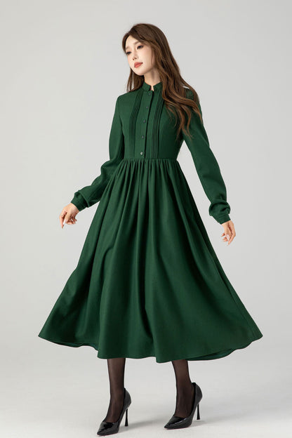 Green long sleeves winter wool dress women 4609