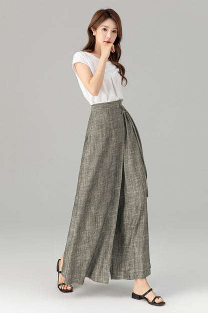 Gray Linen Wide Leg Wrap Pants - Flowing Tie Waist Detail 5749