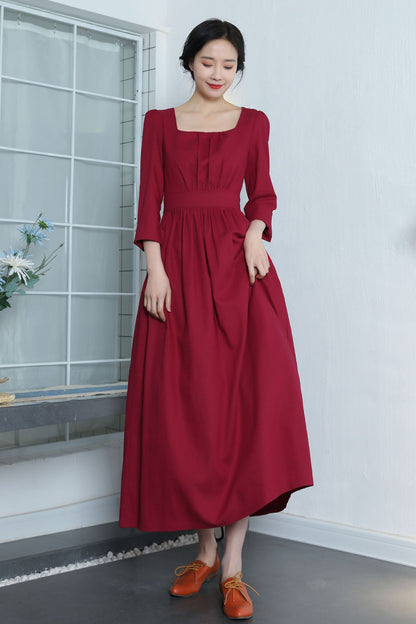 Wine Red Linen Dress - Vintage Fit & Flare with Square Neckline 3370