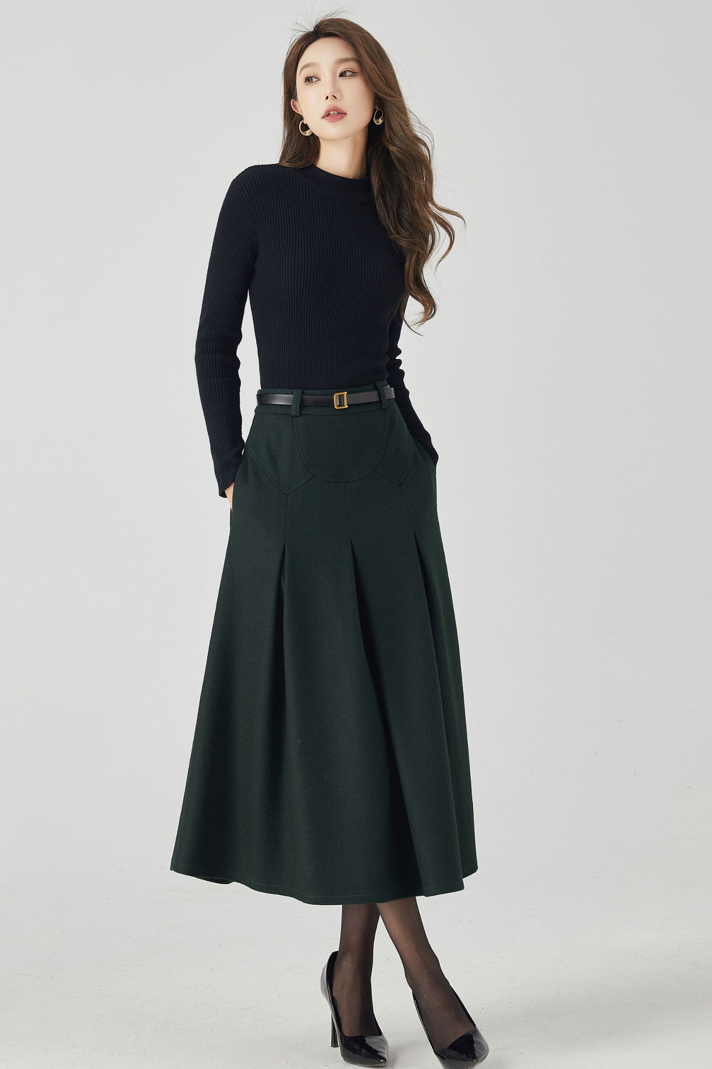 Dark green pleated midi wool skirt 4532