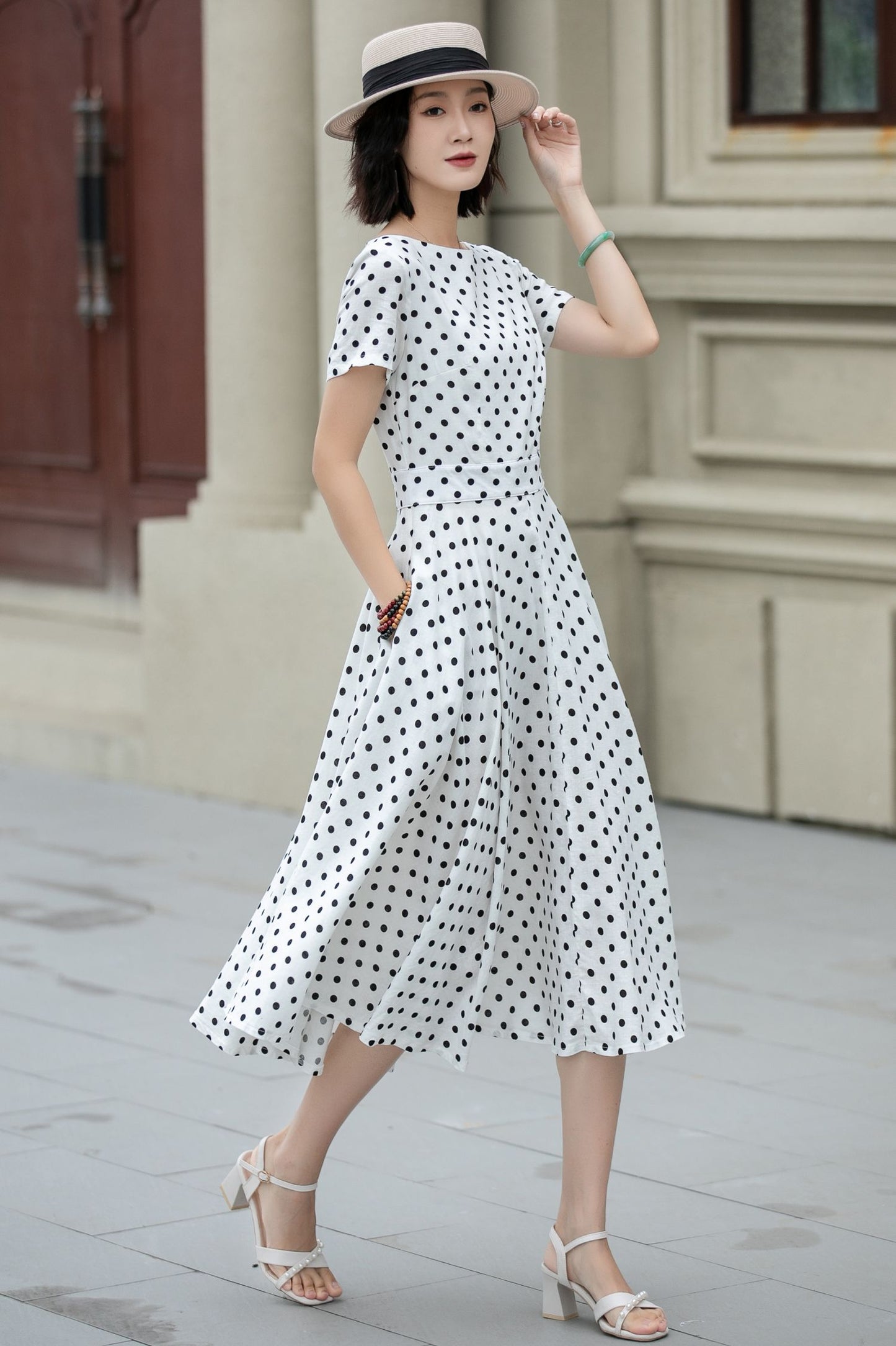 Black and white polka dot summer linen dress 5225