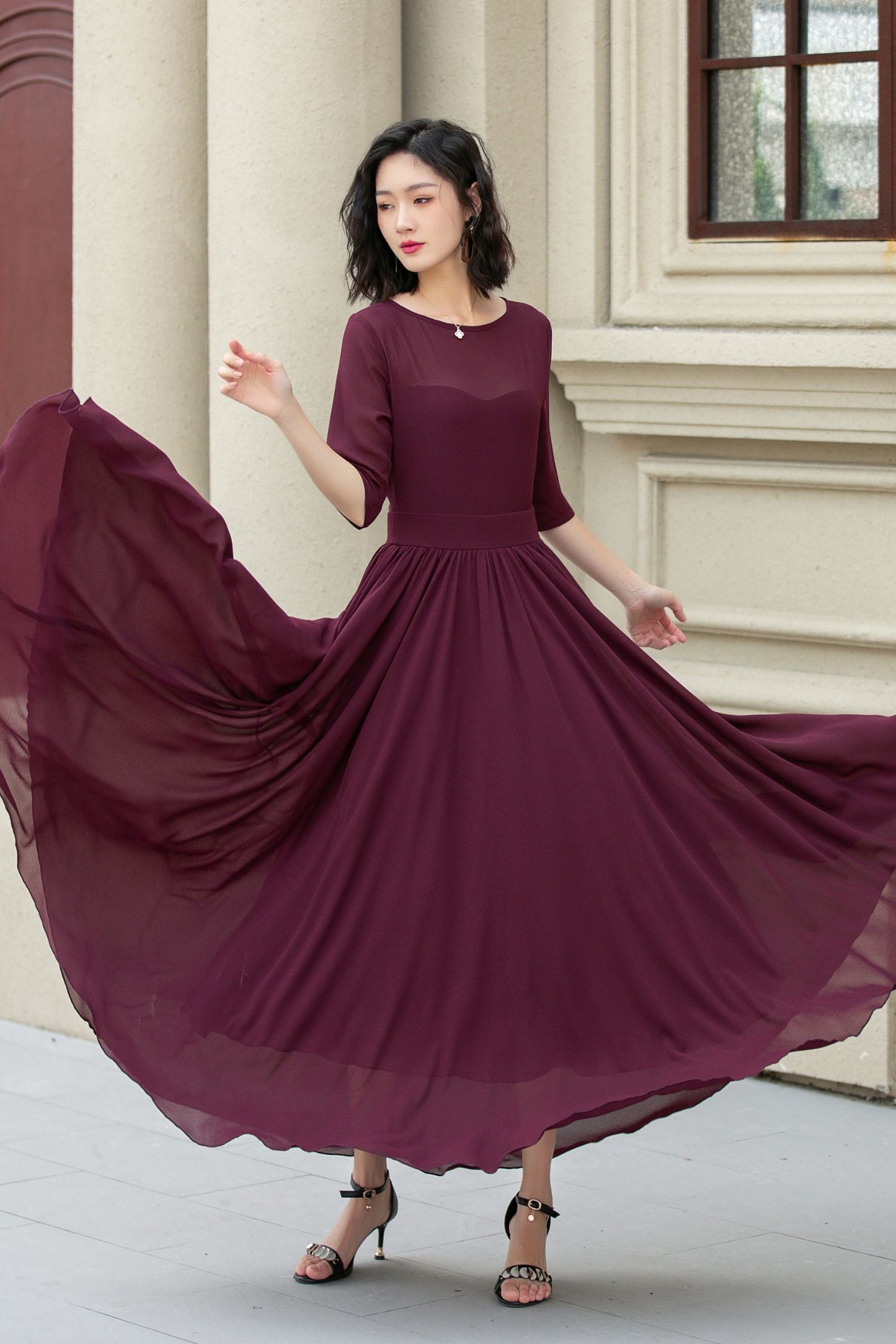 Fit and flare burgundy prom maxi chiffon dress 5113