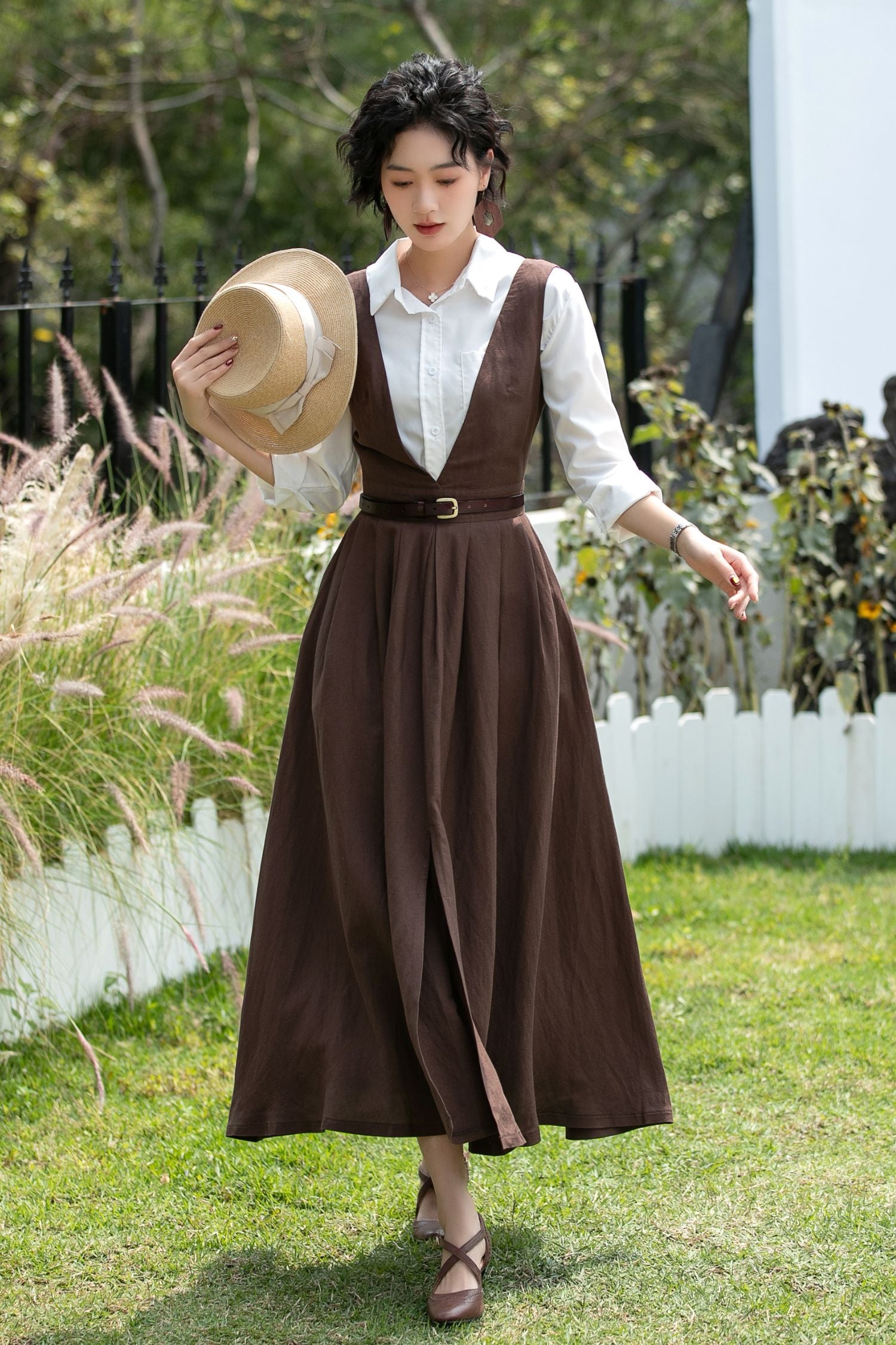 Brown Linen Cotton Pinafore Dress - Deep V Neck | Xiaolizi