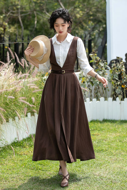 Brown Linen Cotton Pinafore Dress - Deep V Neck | Xiaolizi 6747