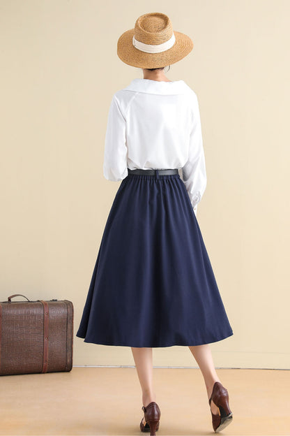 Navy Buttoned Cotton Blend Midi Skirt - A-Line, Vintage Inspired 2786