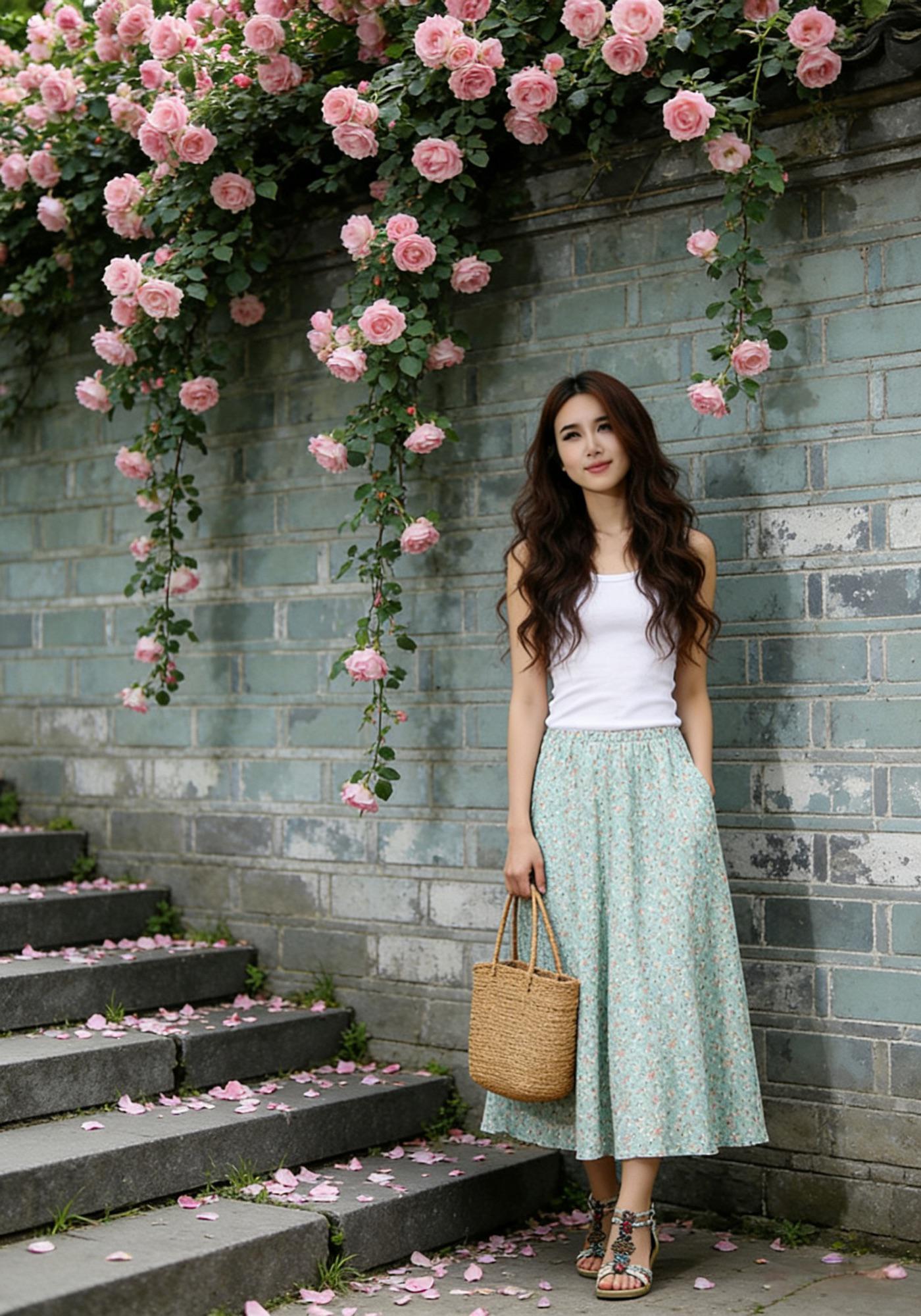 Handmade Floral Linen Cotton Skirt – Green Maxi Summer Skirt with Pockets | Xiaolizi 6784