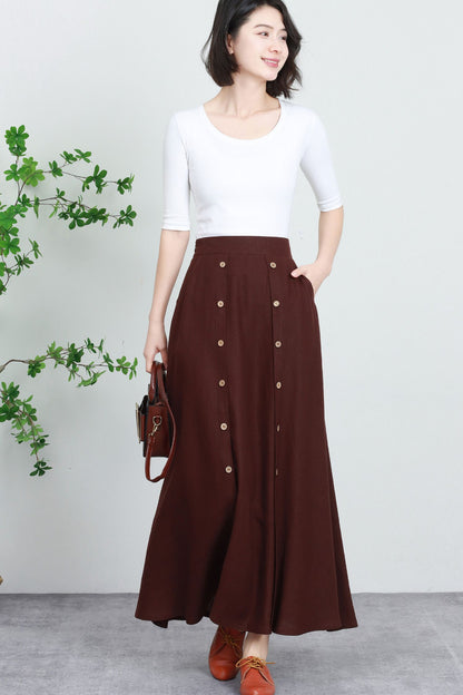 Brown Linen Maxi Skirt - Flowing Button Front with Elastic Waist 5733