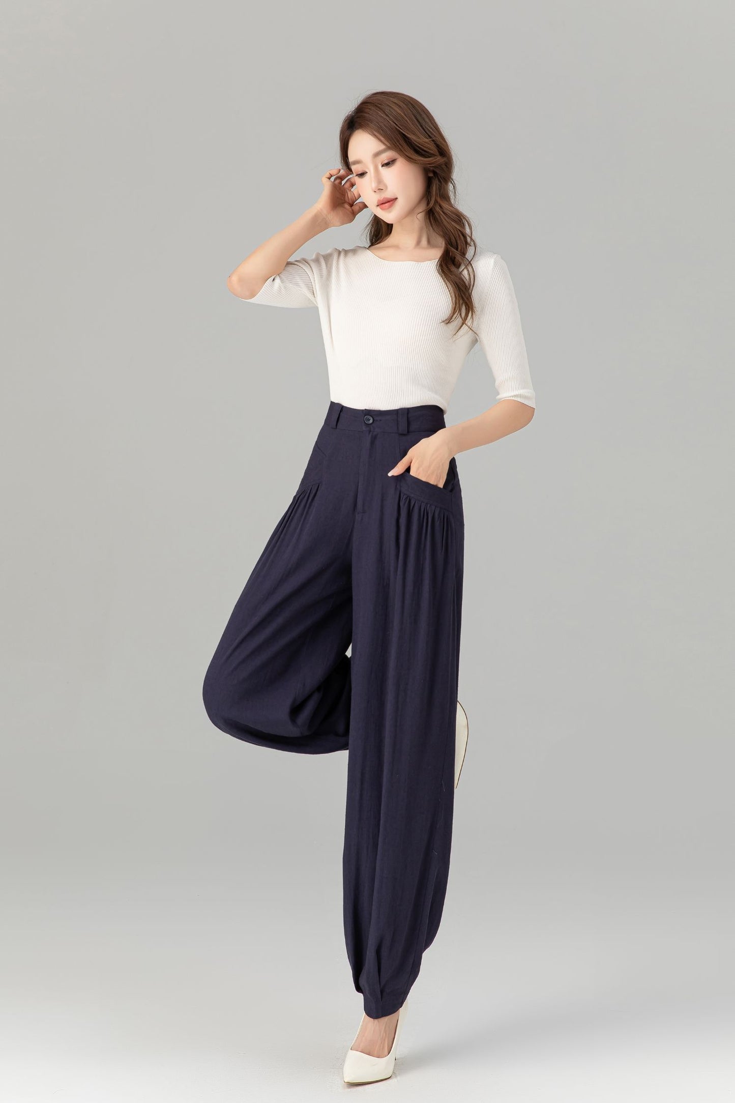 Navy loose fitting wide leg linen pants 4937