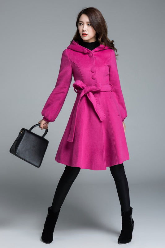 Hooded swing wool coat with tie belt waist 1647