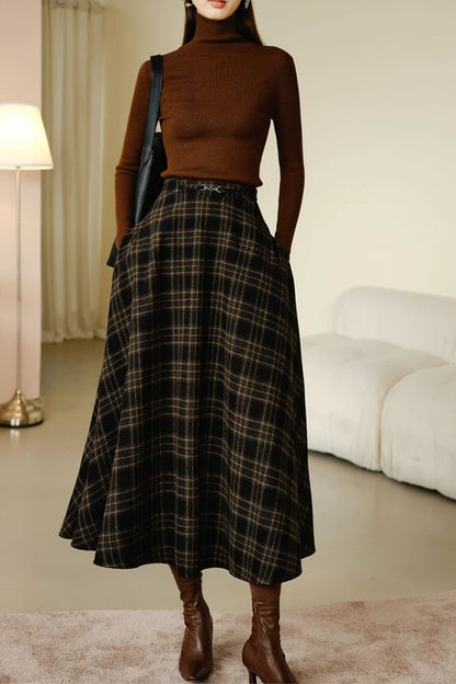 Brown Plaid Wool Blend Midi Skirt - Vintage A-Line women Skirt Winter 7020