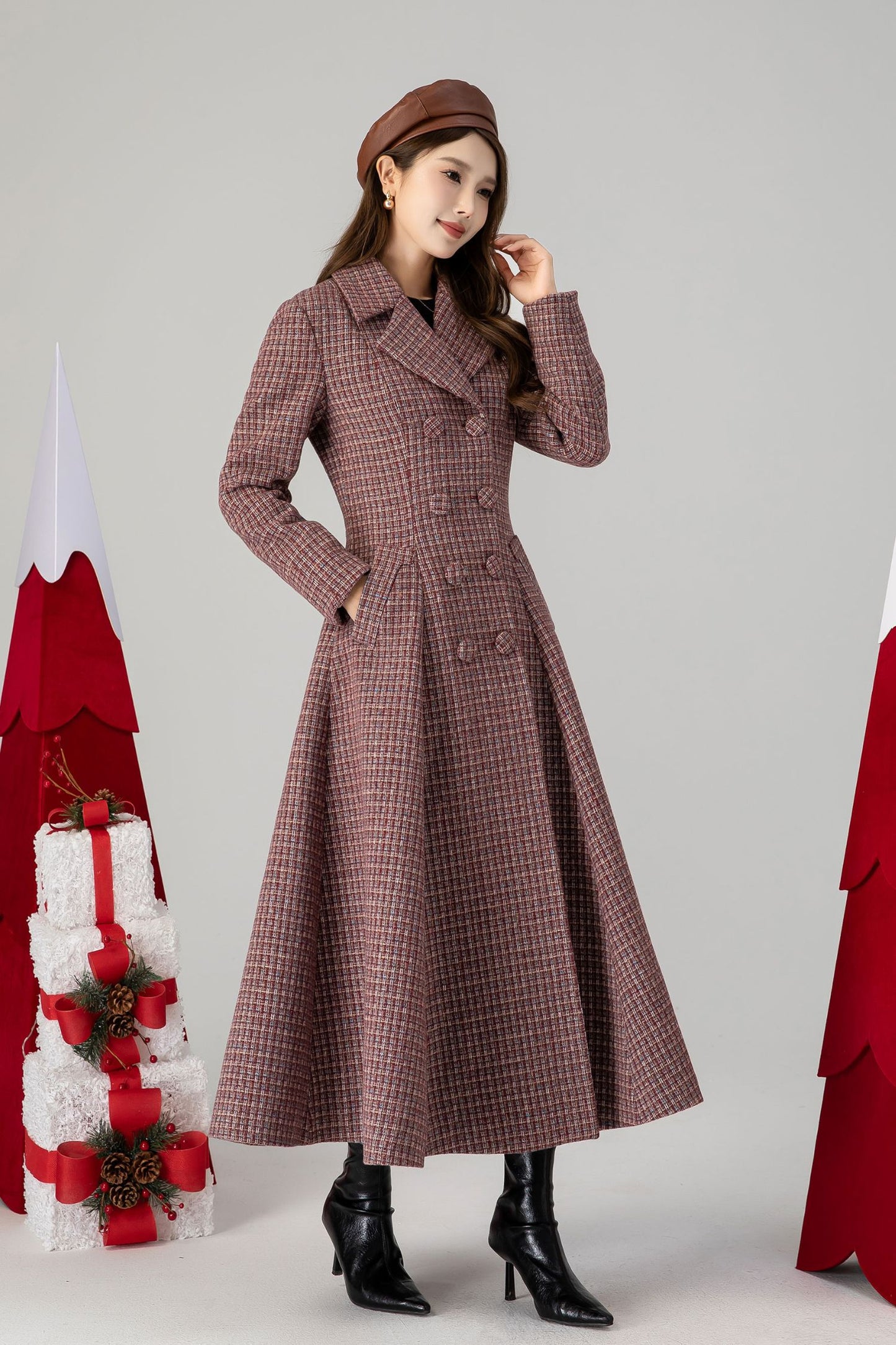 Vintage inspired plaid long wool coat 4614