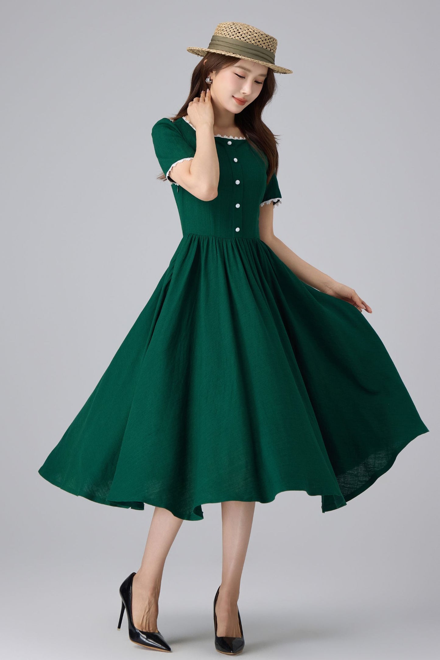 Emerald Linen Midi Dress - Square Neck Puff Sleeve | Xiaolizi 6760