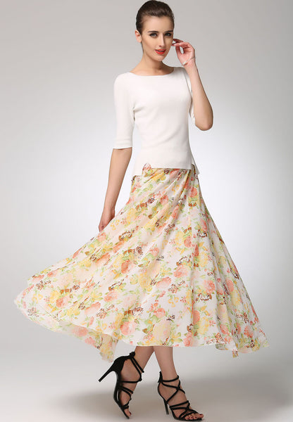 Floral Chiffon Maxi Skirt with Elastic Waist | Xiaolizi 1275