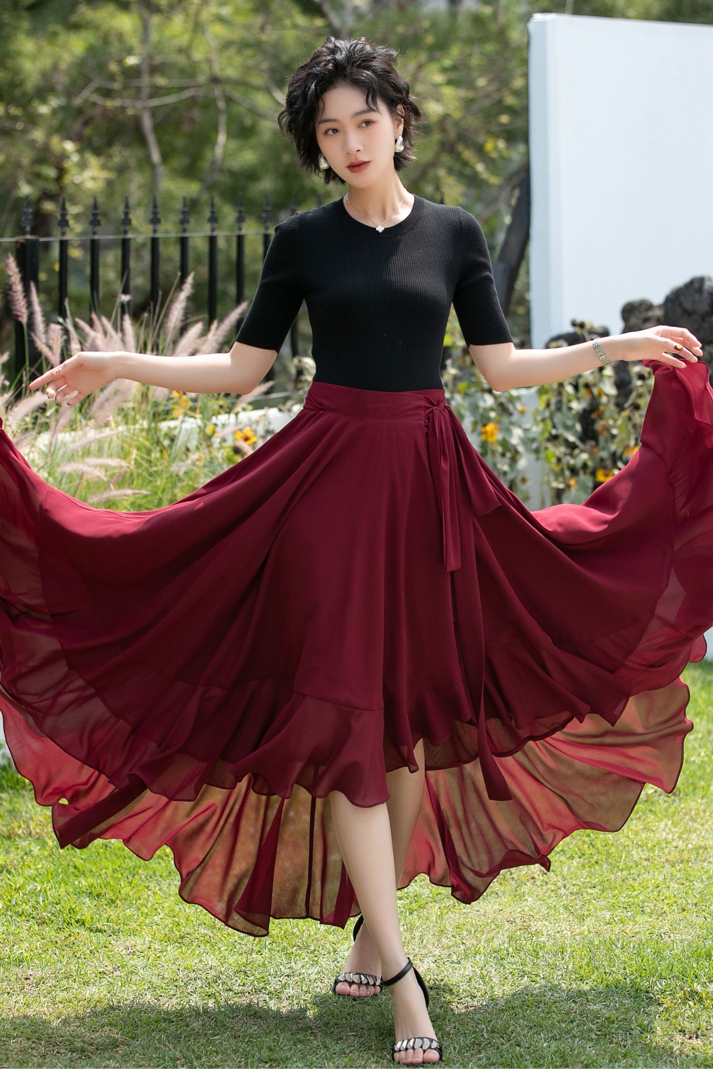 Chiffon Wrap Midi Skirt with Asymmetric Ruffle Hem | Xiaolizi 6742
