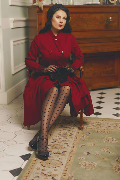 Burgundy Wool Fit & Flare Dress - A-Line Long Sleeve | Xiaolizi 4815