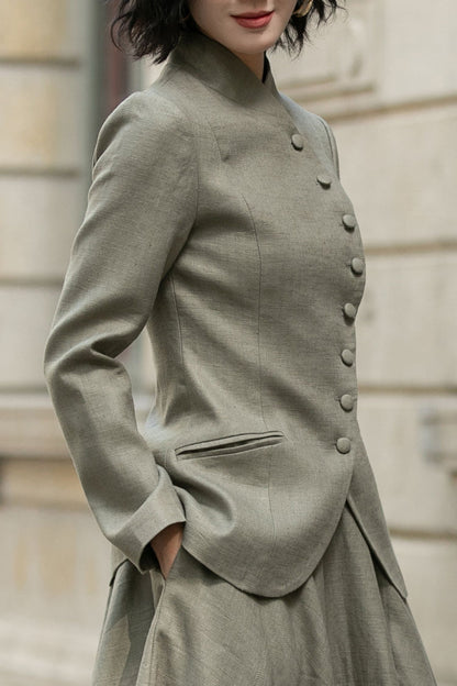 Linen Short Jacket – Button Closure with Lapel Collar and Side Pockets for Spring & Autumn 5681