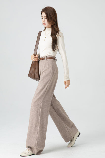 Handmade Beige Wool Wide-Leg Pants – Vintage High-Waist Winter Trousers | Xiaolizi 5324