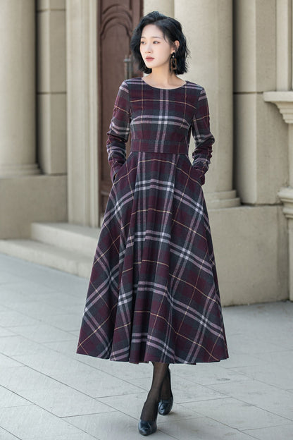 Women’s Wine Red Plaid Wool Midi Dress – Handmade Retro Fit and Flare | Xiaolizi 5308