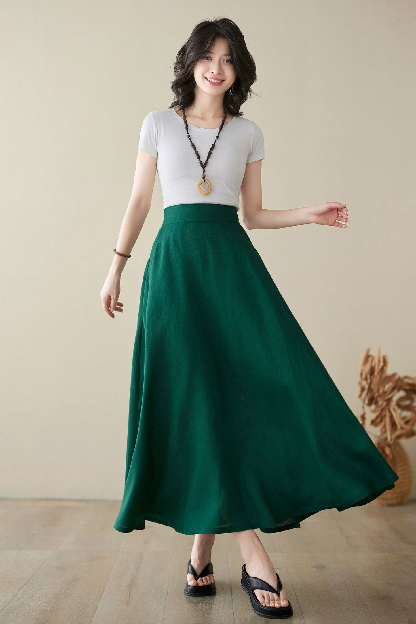 Green Linen Maxi Skirt with pockets 4974