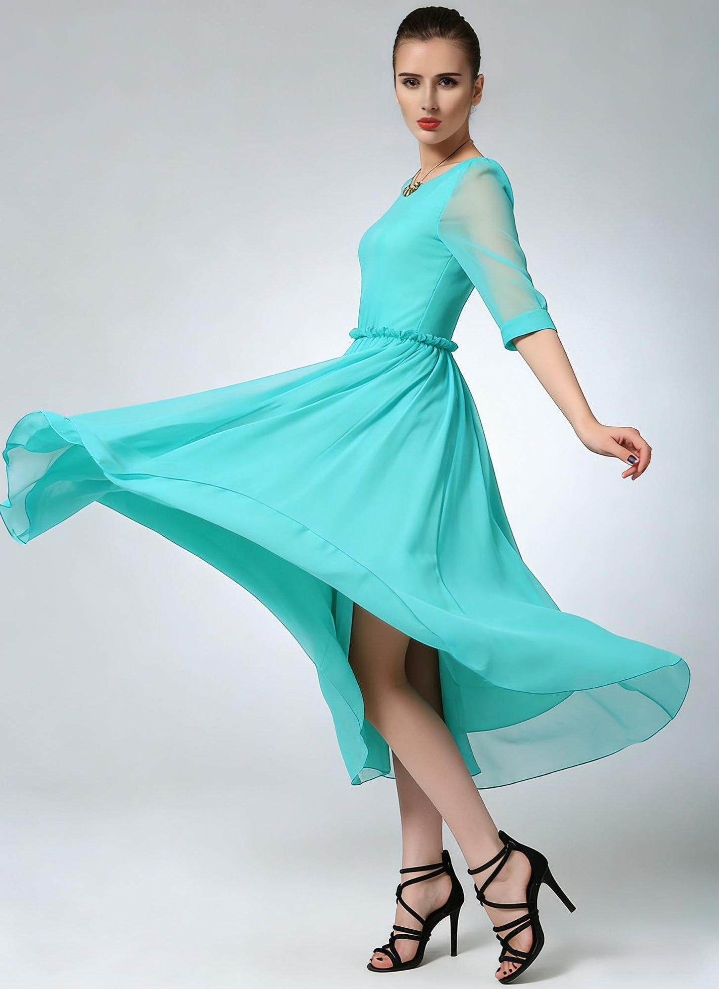 Blue Chiffon Midi Dress – Ruffle Waist Elegance | Xiaolizi 6783