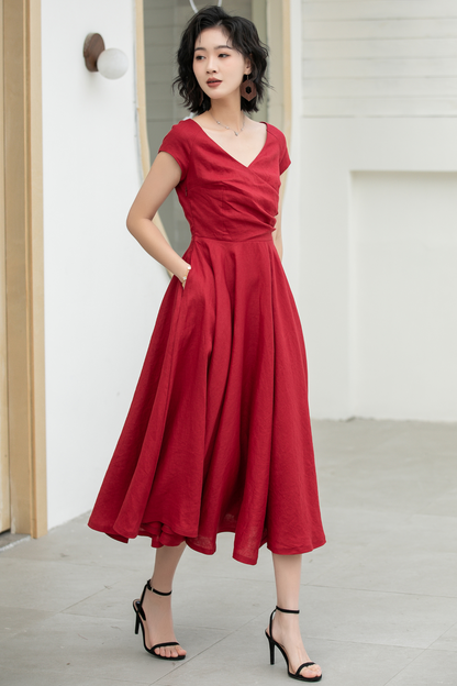 Red Linen Midi Dress - Fit and Flare A-Line with V-Neck 5831