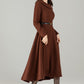 Brown Wool-Blend High‑Low Midi Dress – Wide Fold‑Over Collar & Pockets 6500