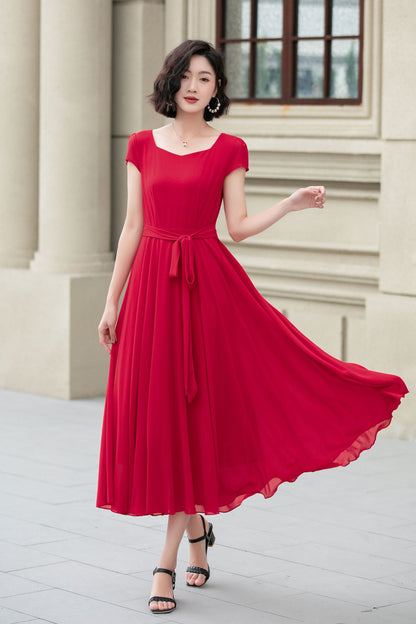 Red Chiffon Midi Dress - Fit and Flare with Sweetheart Neckline 5176
