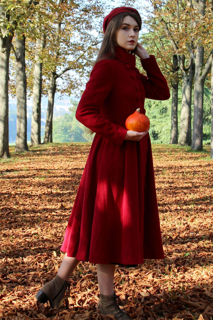 Handmade Red Wool Coat – Vintage Princess Winter Maxi Overcoat 3219