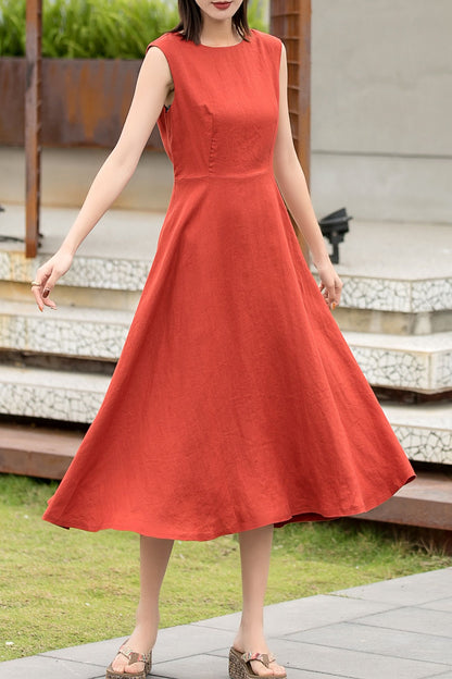 Orange sleeveless summer midi linen dress 2741