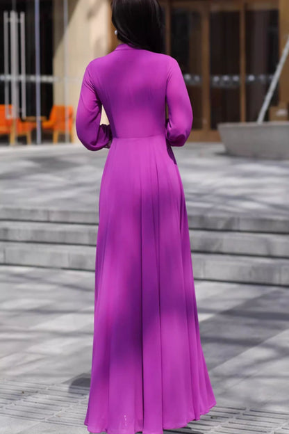 Purple Chiffon Maxi Dress - Flowing Silhouette with V-Neck Tie 5095