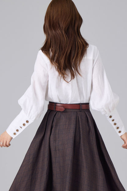 White Linen Cotton Shirt for Women – Puff Sleeve Vintage Inspired Button Blouse | Xiaolizi 6765