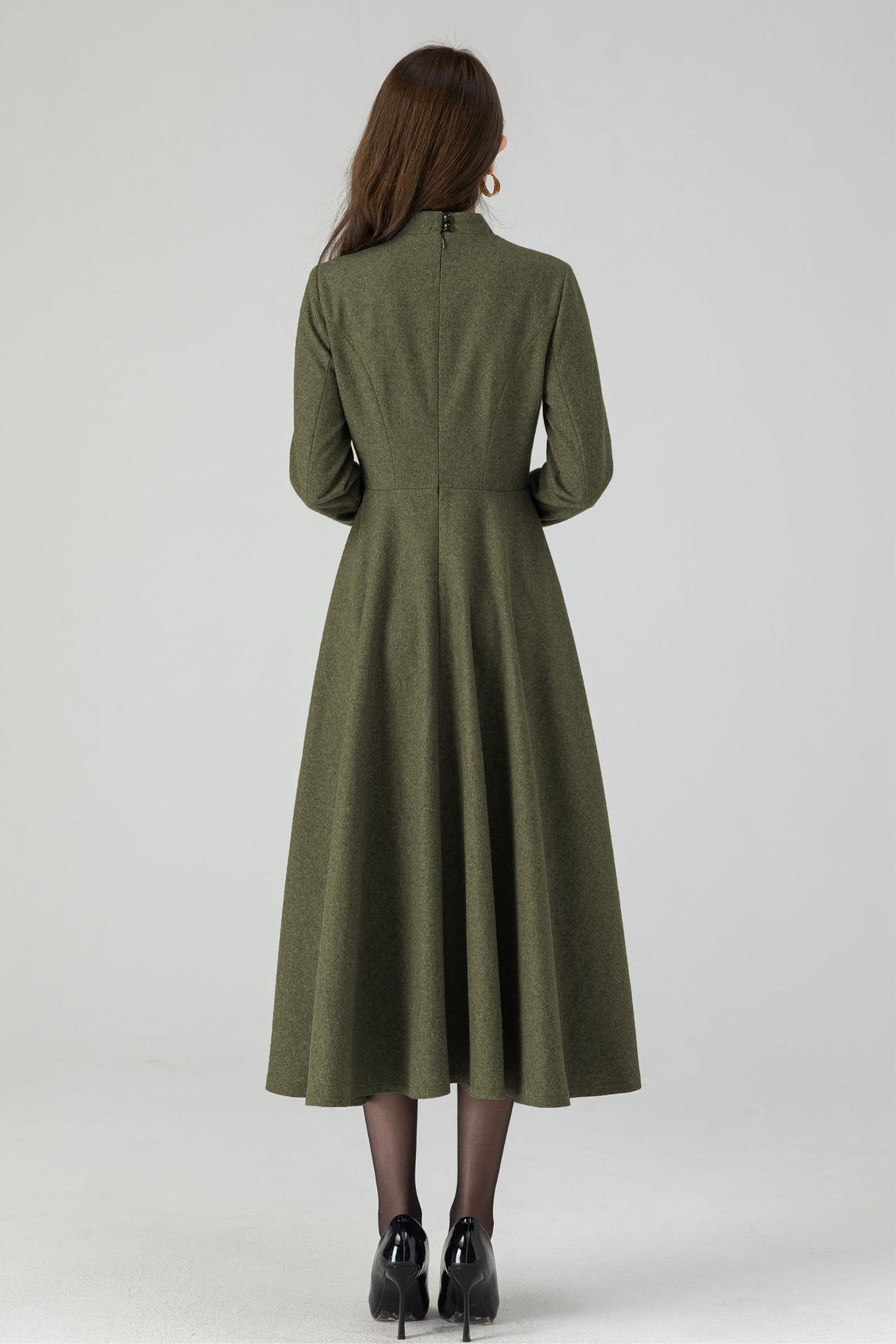 Retro army green swing wool dress 5441