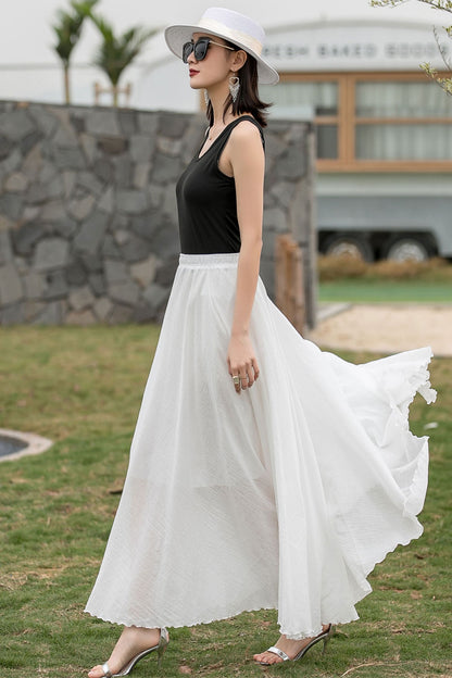 Boho Elastic Waist Pleated Maxi White Skirts 2718