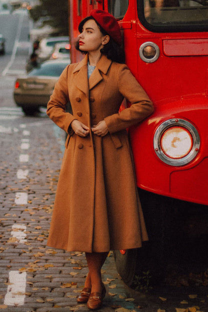 Camel Wool Double Breasted Coat - Fit and Flare Vintage Silhouette 2494