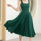 Stylish Deep Green A-Line Linen Suspender Dress with Square Neckline 5860