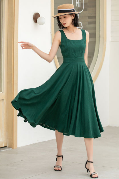 Green Linen Cotton Midi Dress - A-Line Square Neck Pockets | Xiaolizi 5860
