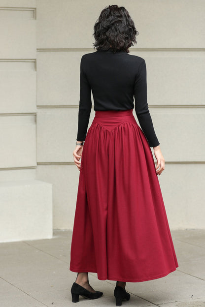 Burgundy Wool Maxi Skirt - Handmade High-Waisted Pleated 6420