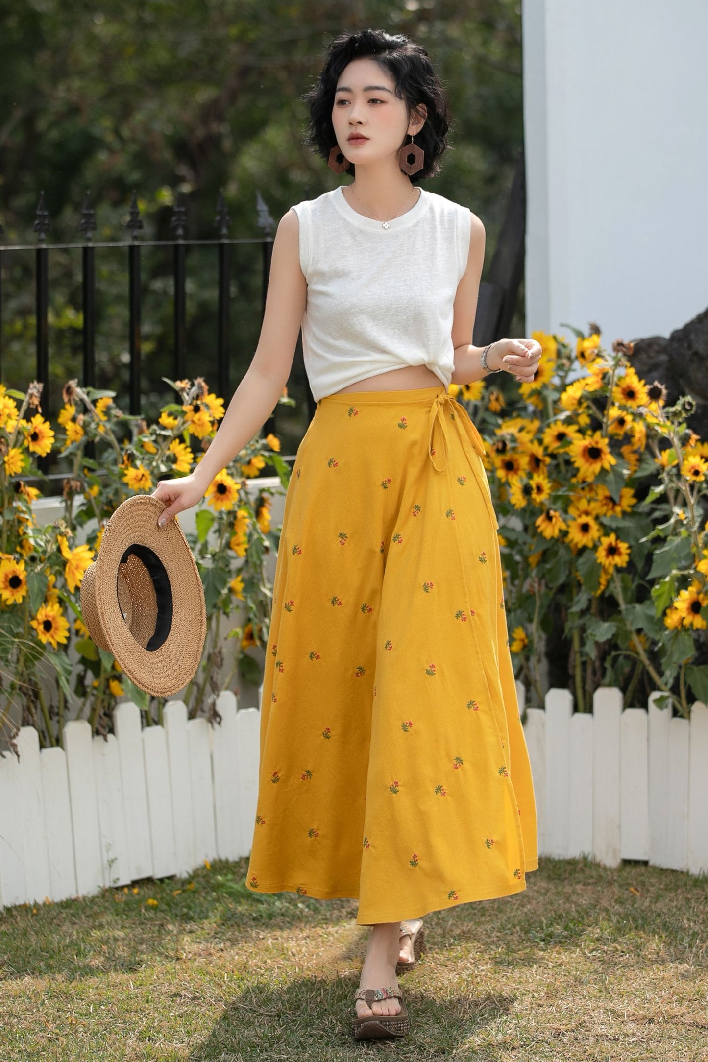 Xiaolizi Linen Wrap Midi Skirt – Mustard Yellow Floral A-Line Summer Skirt 6688
