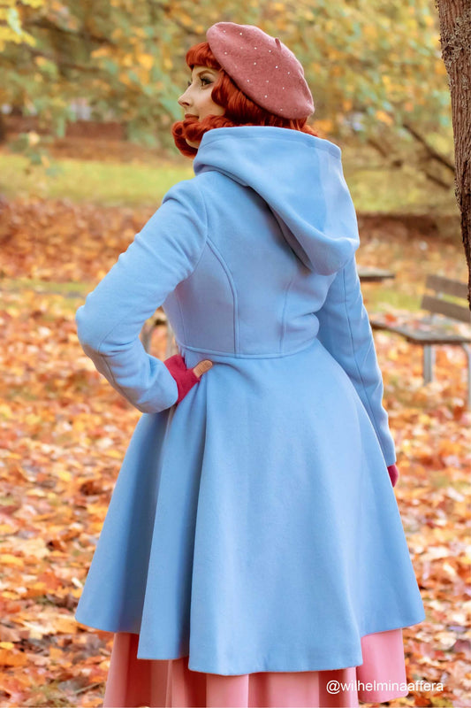 Blue Wool Swing Coat with Hood - Retro Fit and Flare Silhouette 2419