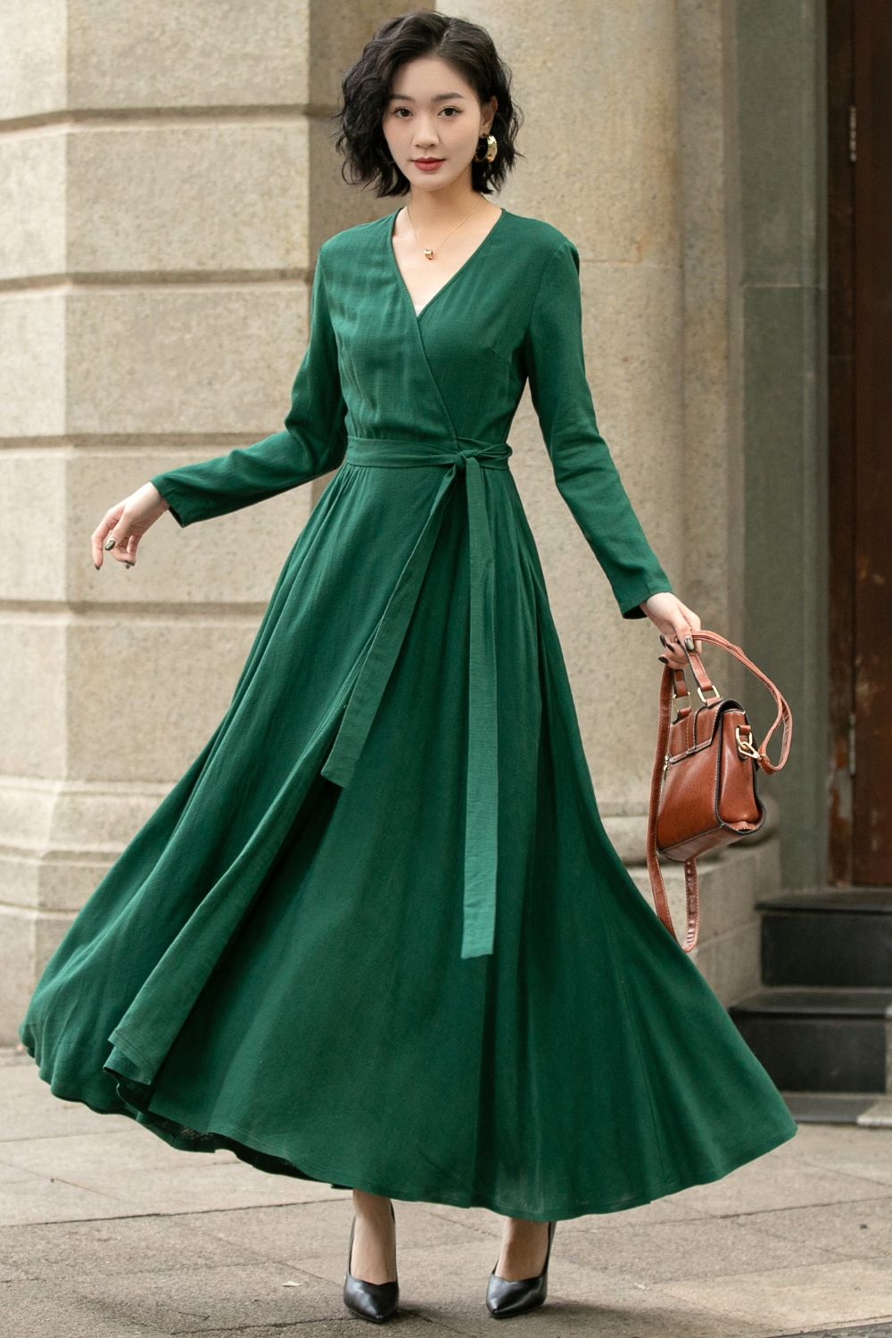 Green Wrap Linen Dress for Women 5673