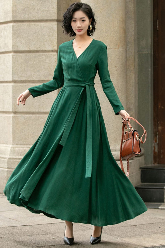 Green Wrap Linen Dress for Women 5673