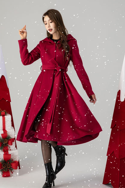 Red Wool Hooded Coat - Mid-Calf Length, Princess Silhouette 4615