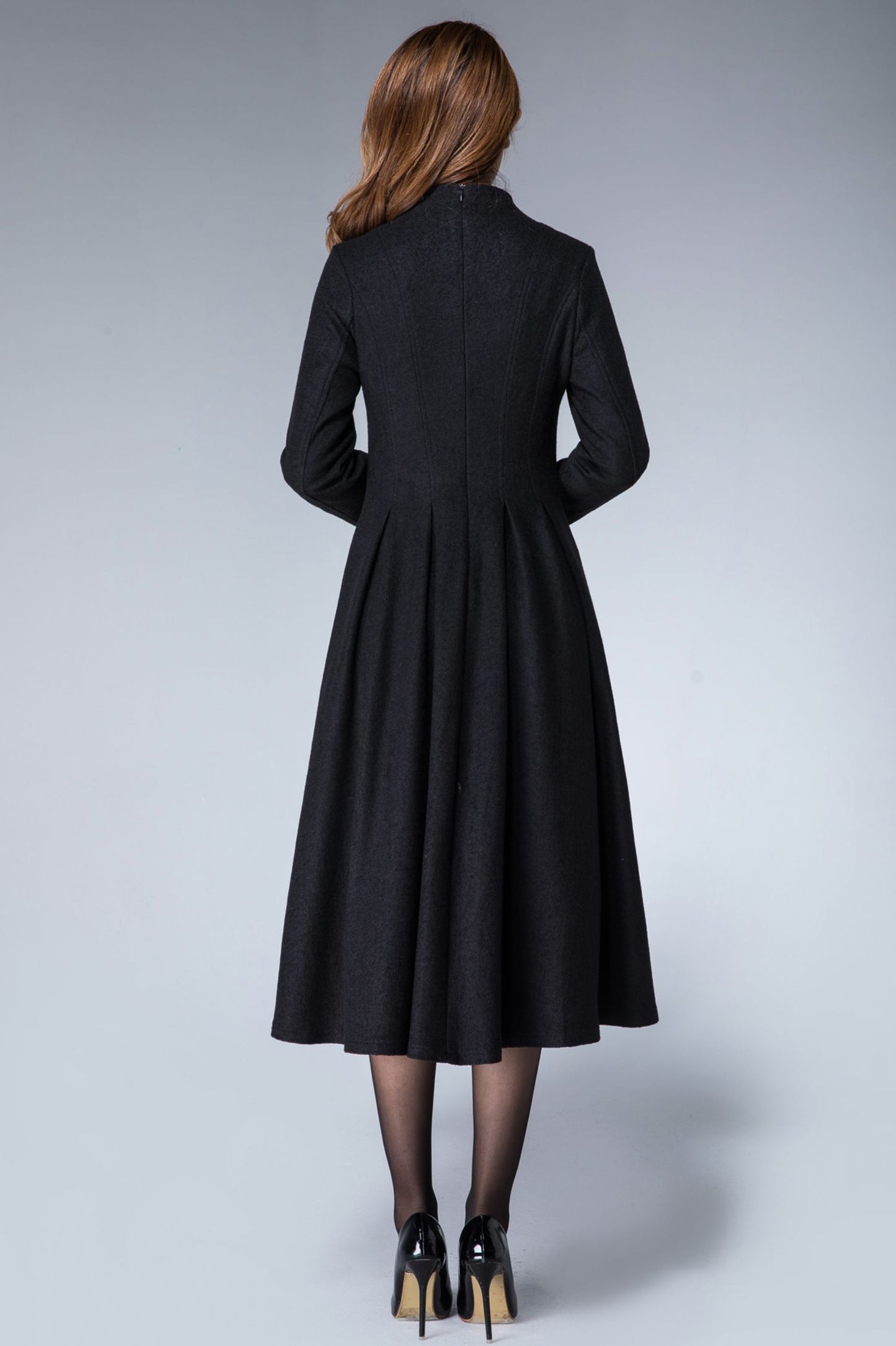 Mandarin collar black winter wool dress women 1872